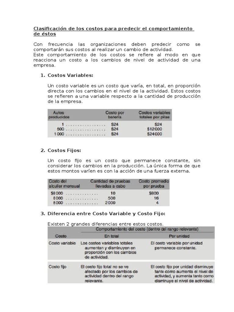 Clasificación y Comportamiento de Costos | PDF | Costo | Costo de ...