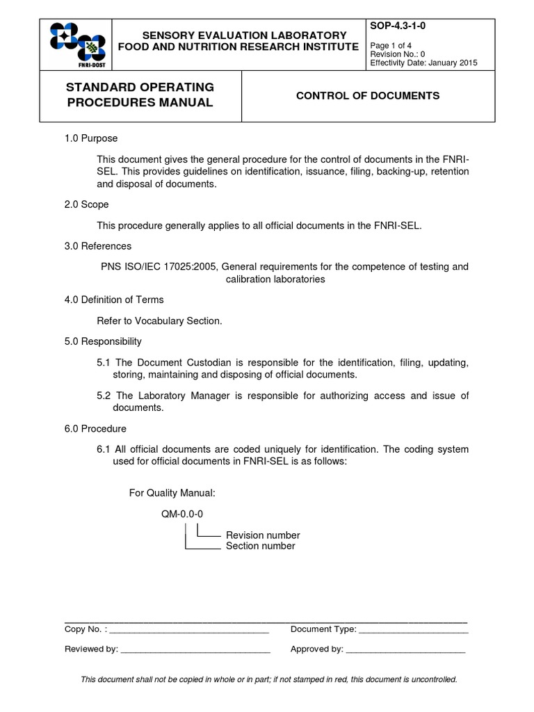 SOP 4.3 1 0 Control of Documents | PDF | Evaluation | Computing