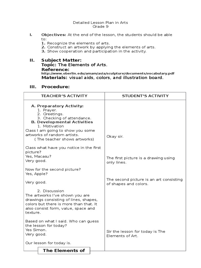 Detailed Lesson Plan in Arts  Shape  Color