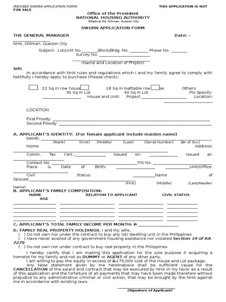 NHA Revised Sworn Application Form | PDF