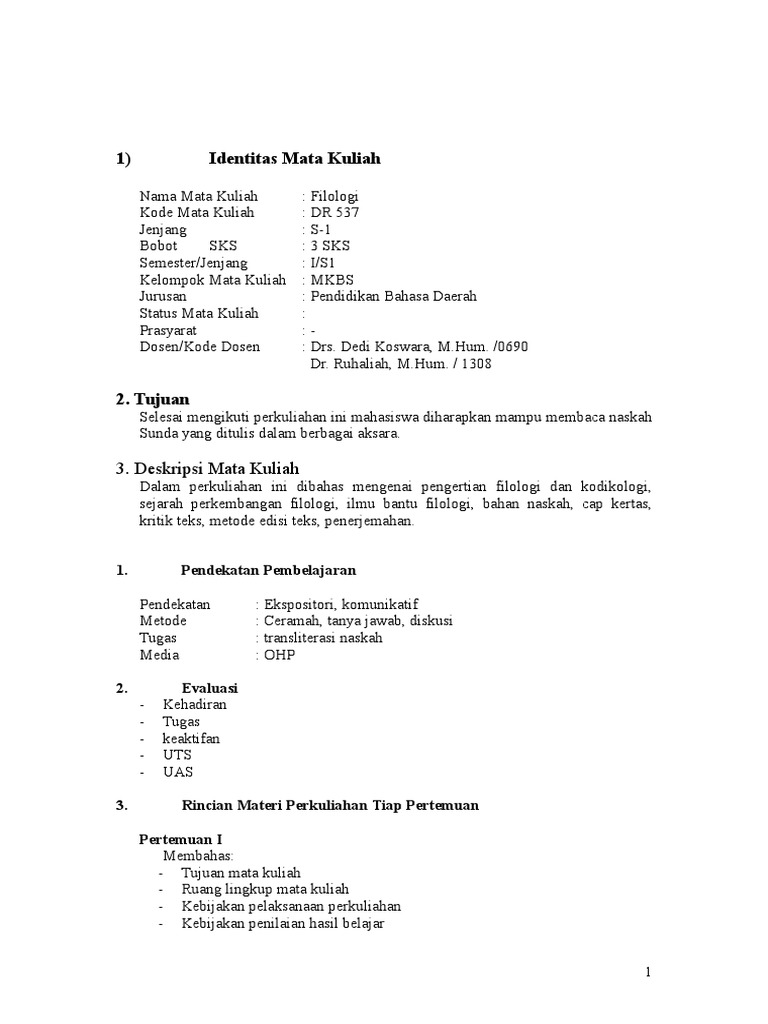 Mata Kuliah Filologi S-1 | PDF