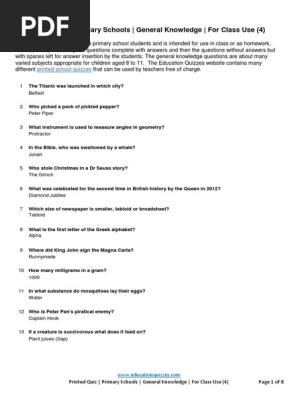 Printed Quiz Primary Schools General Knowledge for Class Use (4) 1