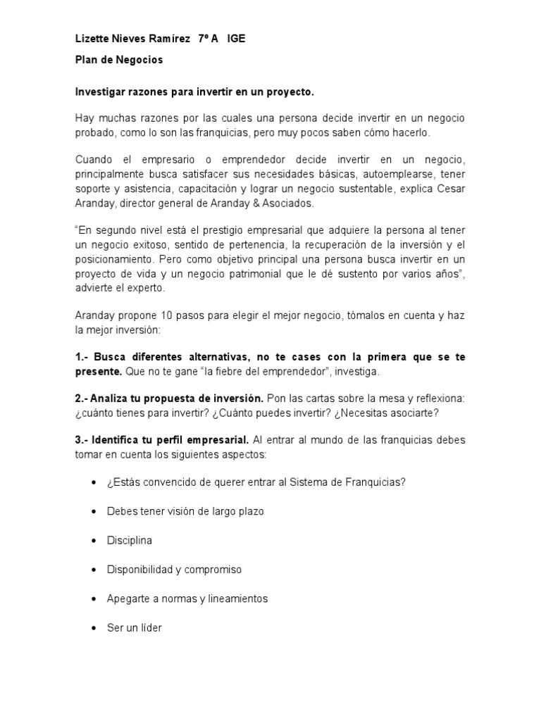 Razones para Invertir en Proyectos | PDF | Franquiciamiento | Evaluación