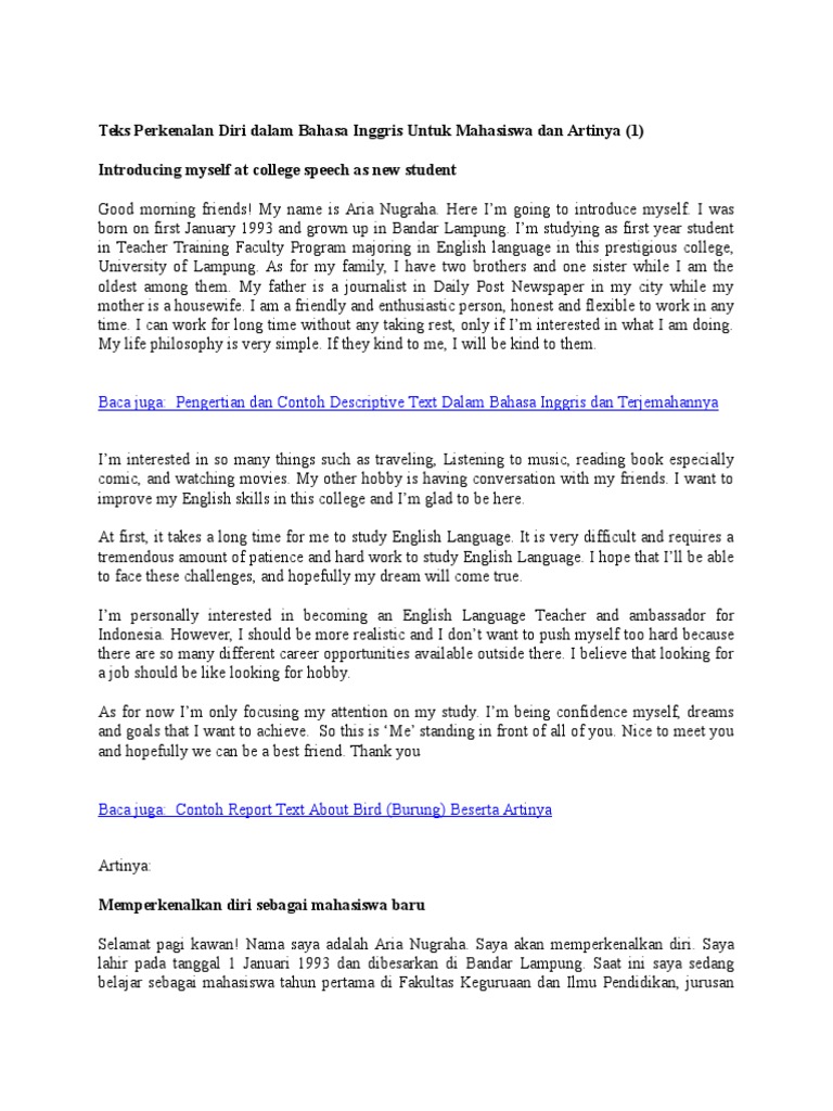 Teks Perkenalan Diri Dalam Bahasa Inggris Untuk Mahasiswa Dan Artinya