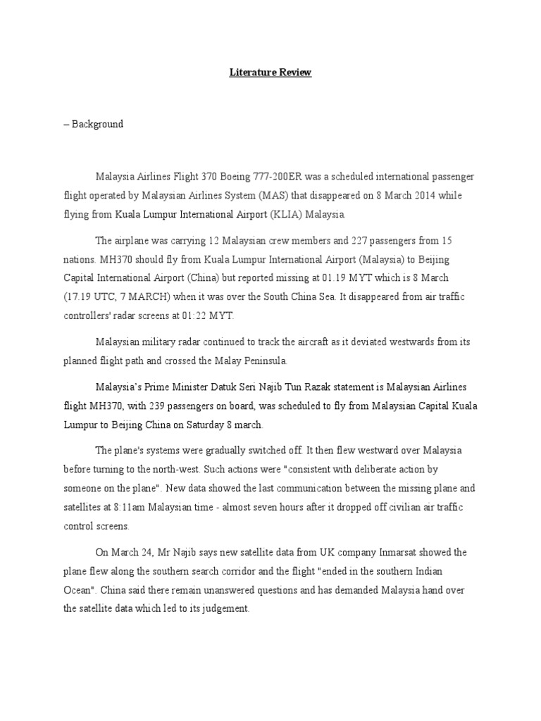 Literature Review Malaysia Airlines Flight 370 Transport Accidents And Incidents