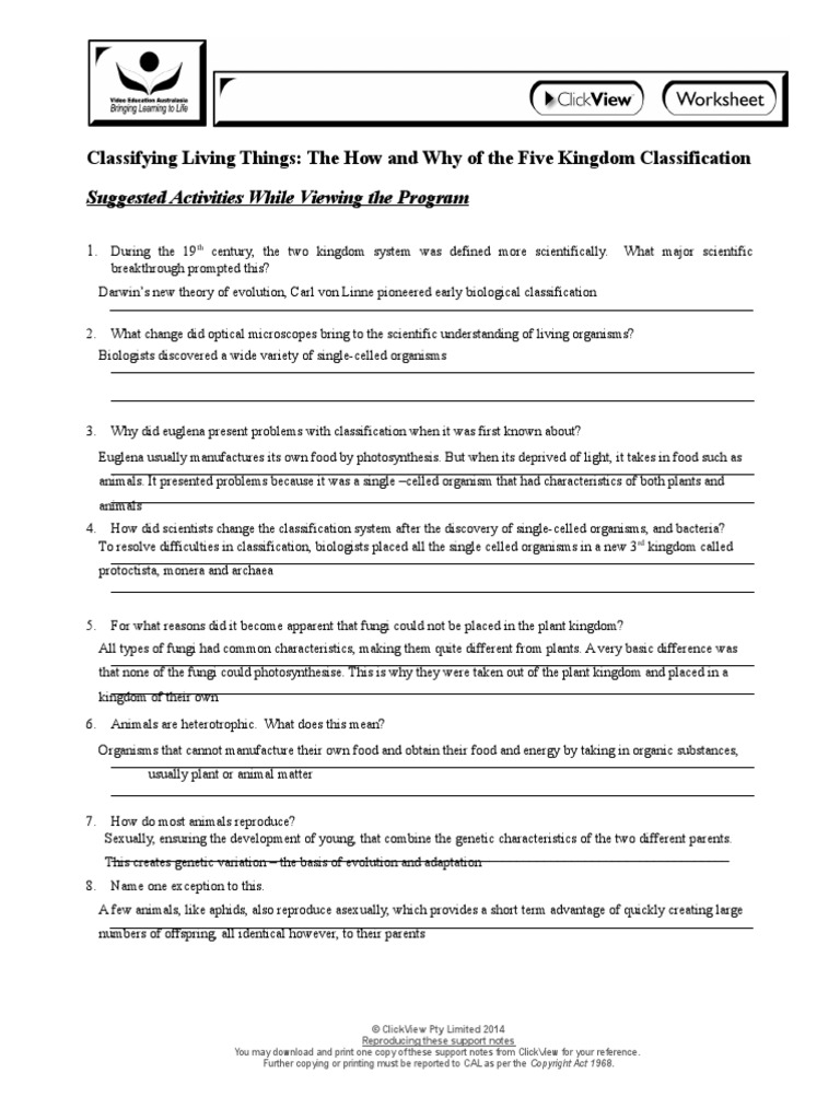 Classifying Living Things Clickview Video  PDF  Organisms  Biology Pertaining To Biological Classification Worksheet Answers