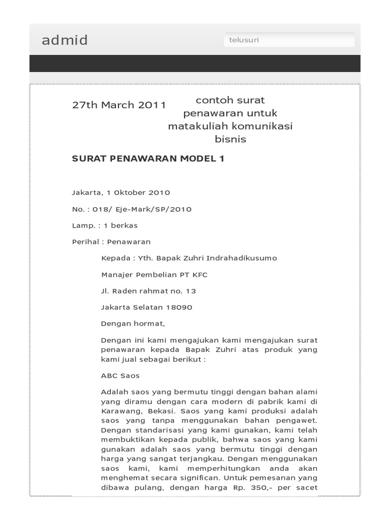 Contoh Surat Penawaran Untuk Matakuliahhtml