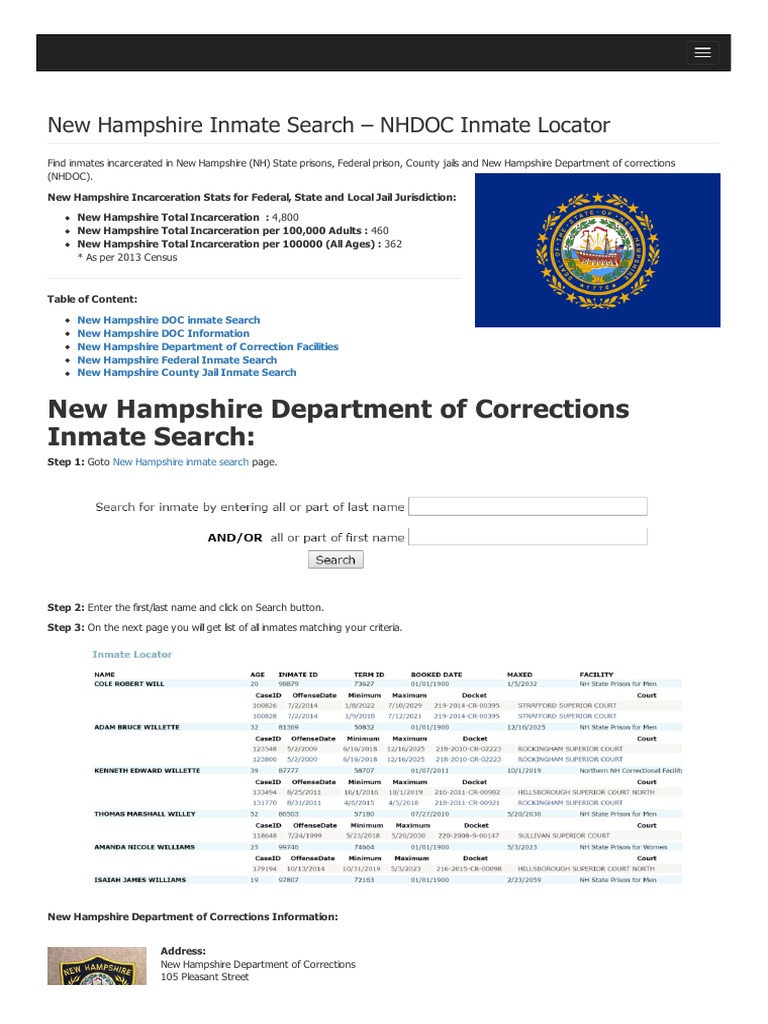 New Hampshire Inmate Search Department of Corrections Lookup | PDF ...