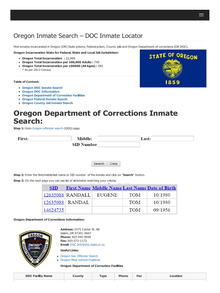 Oregon Inmate Search Department of Corrections Lookup