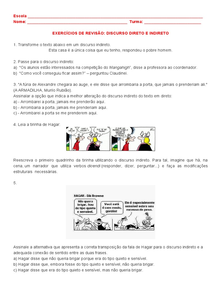 Discurso Direto E Indireto Exercicios Com Tirinhas