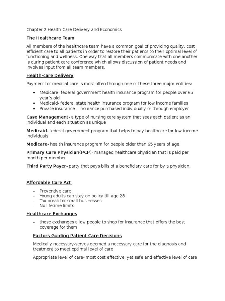 Chapter 2 Healthcare Delivery and Economics PDF Nursing Home Care Health Care
