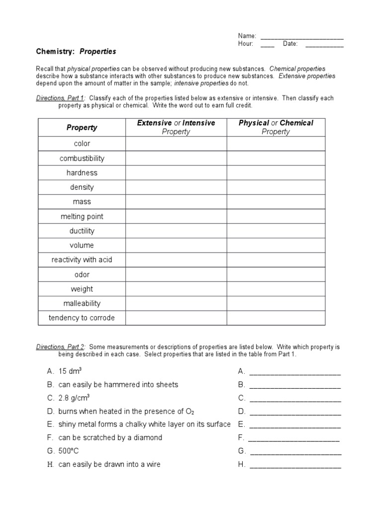 233 233 Properties Worksheet  PDF Intended For Physical And Chemical Properties Worksheet