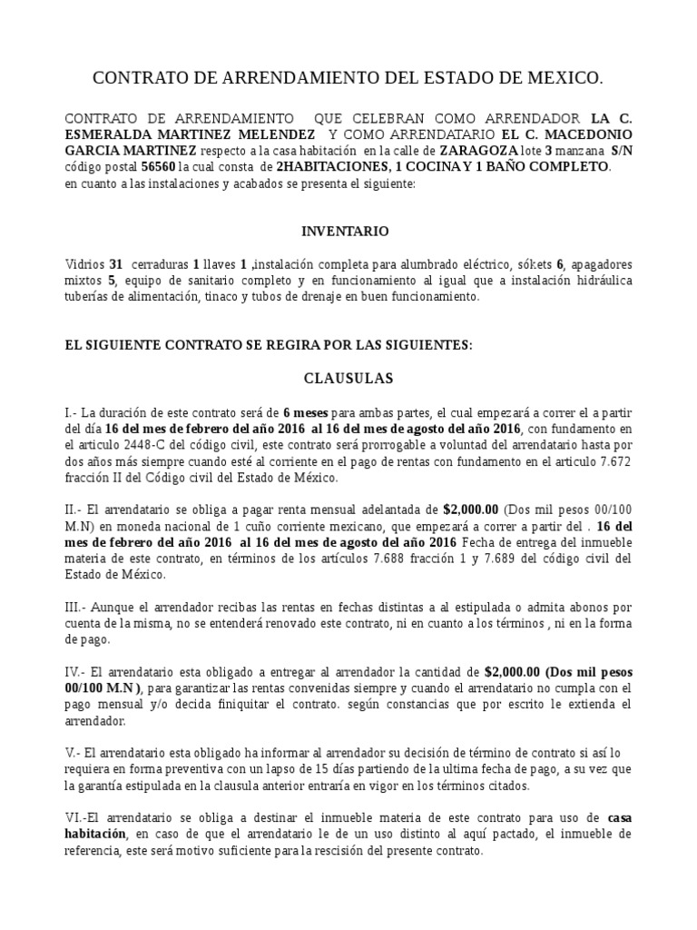 Contrato de Arrendamiento Del Estado de Mexico Alquiler