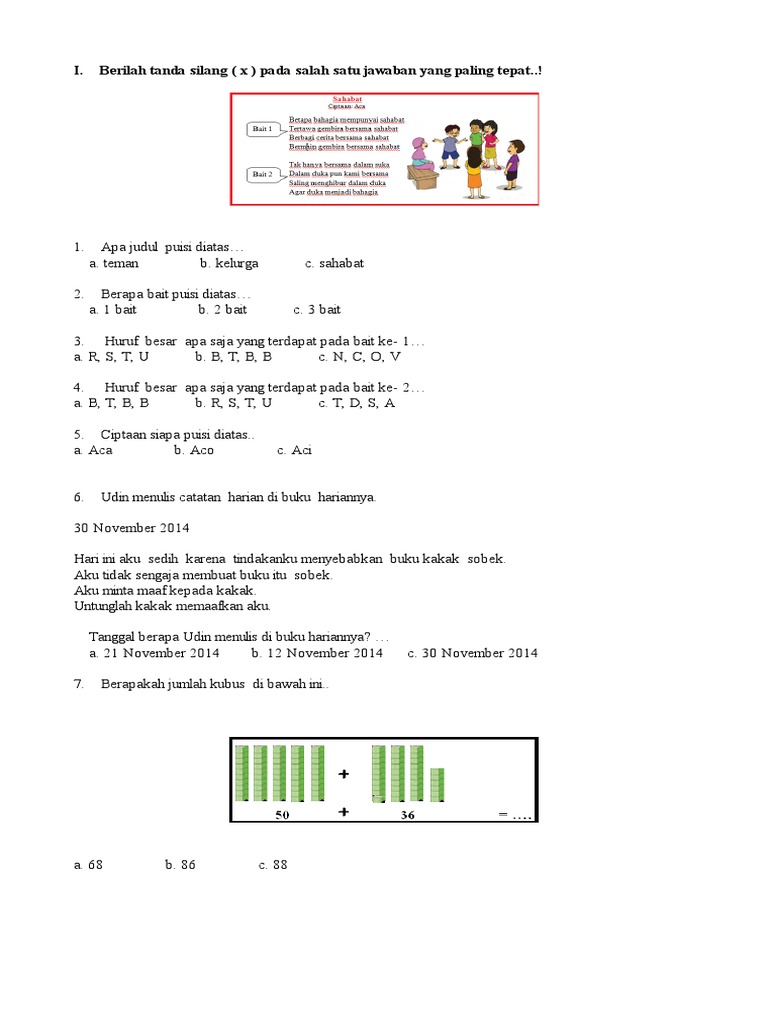 Soal UAS Tematik Kelas 1 Tema 1 Dan 2 Semester 1