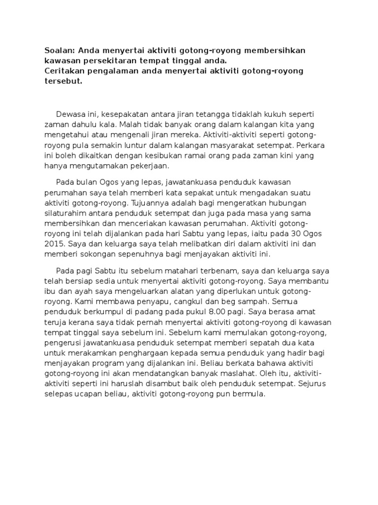 Karangan Pengalaman Aktiviti Gotong Royong Pdf