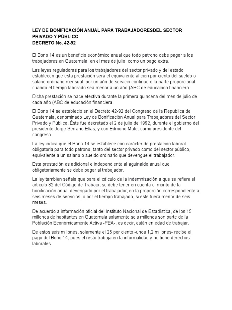 Decreto 42-92: Bono 14 en Guatemala | PDF | Salario | Guatemala