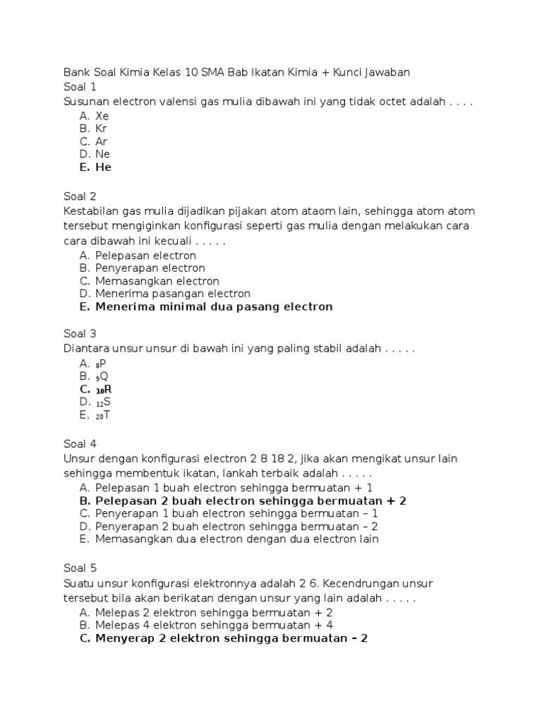 Bank Soal Kimia Kelas 10 Sma Bab Ikatan Kimia