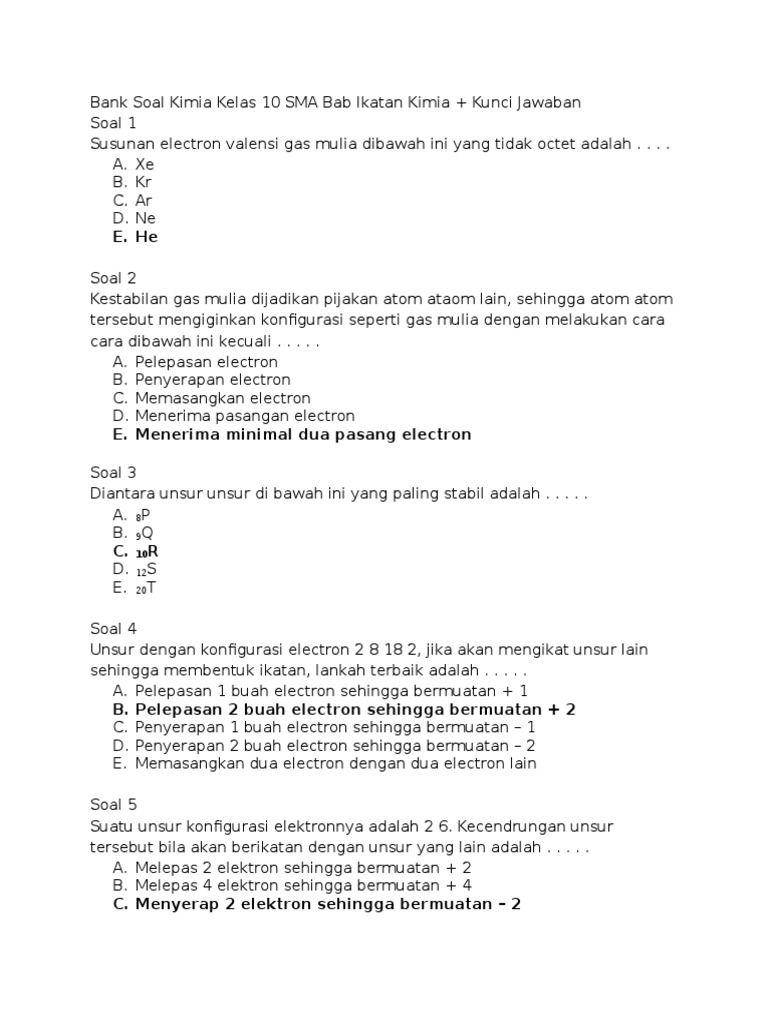 Bank Soal Kimia Kelas 10 Sma Bab Ikatan Kimia Pdf