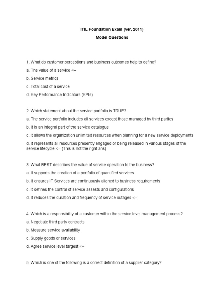 ITIL Foundation Exam Model Questions | PDF | Itil | Economies