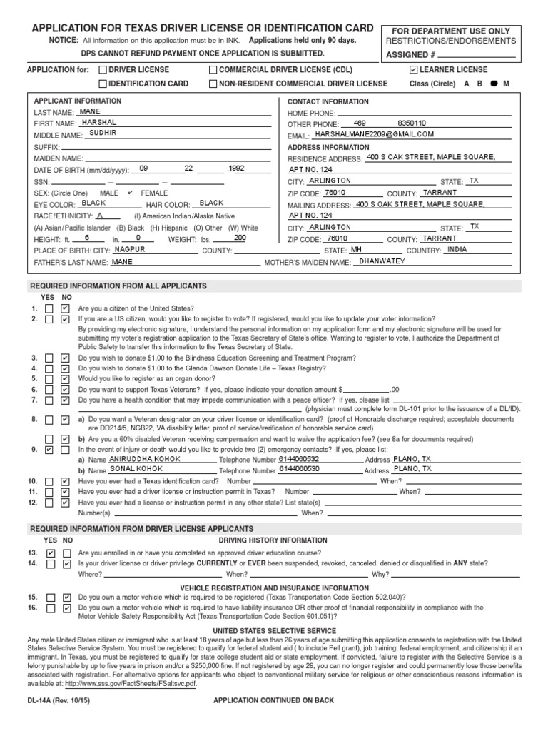 Texas DL-14A Application Guide | PDF | Selective Service System ...