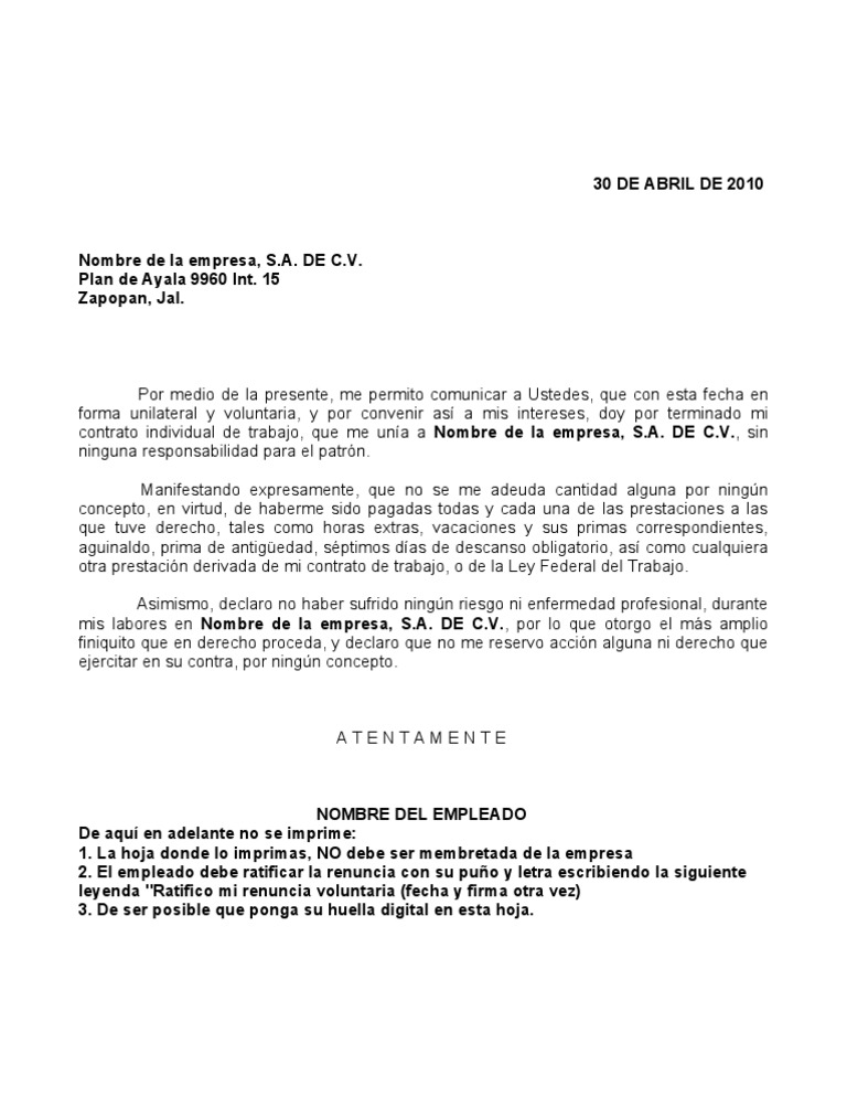 Carta renuncia voluntaria