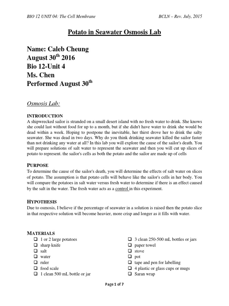 Osmosis Effects on Potato Cells Lab | PDF | Osmosis | Chemistry