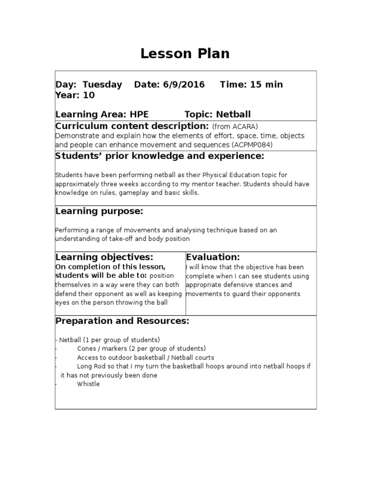 Lesson Planning Netball PDF Lesson Plan Physical Education
