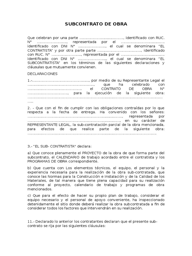 Modelo de Subcontrato de Obra | PDF | Gobierno | Business
