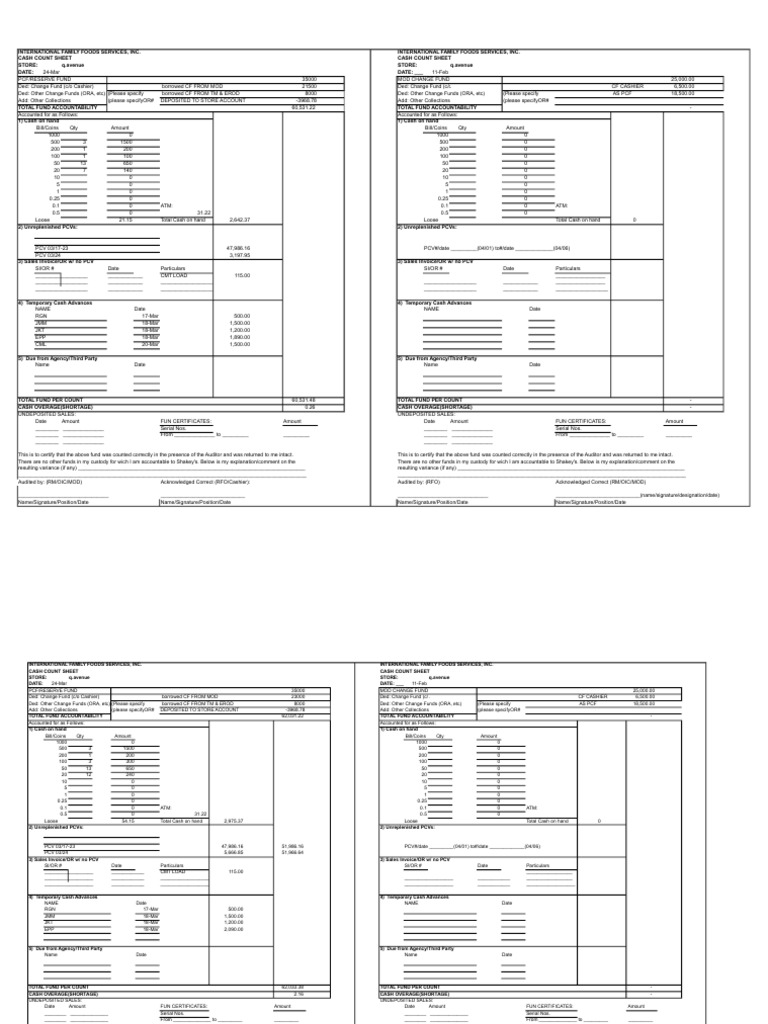 Cash Count Sheet Audit Cash Invoice
