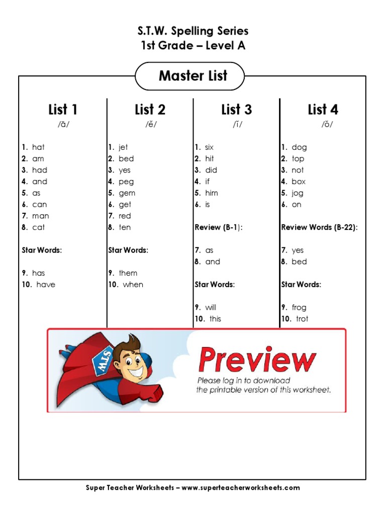 Spelling Level A Master Lists PDF