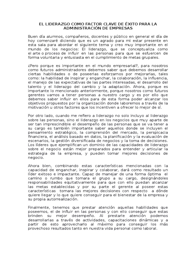 El Liderazgo Como Factor Clave de Éxito para La Administración de ...