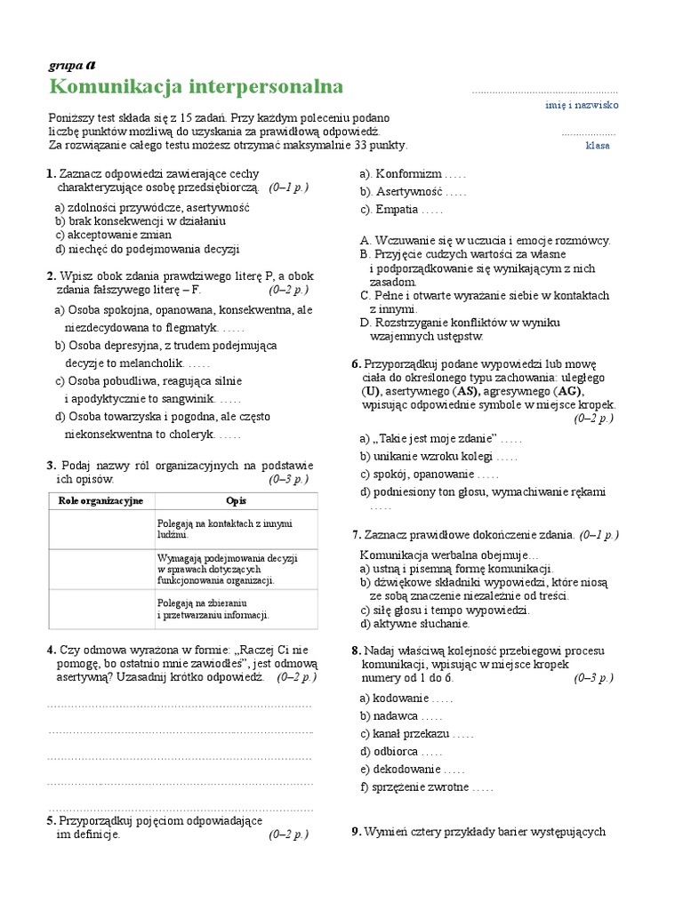 Test Podstawy Przedsiebiorczosci Komunikacja Interpersonalna
