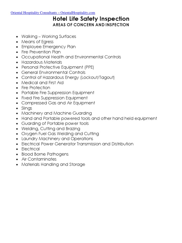 Hotel Life Safety Inspection Checklist | PDF | Nature