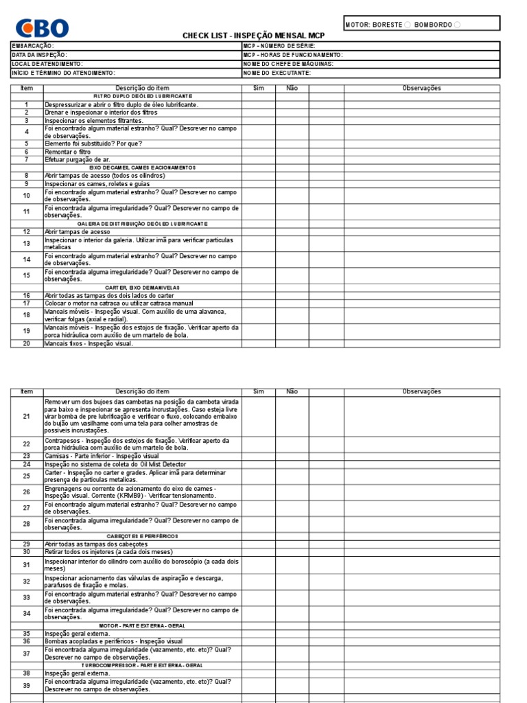 Check List Inspeção Mcps Cbo | PDF | Máquinas | Engenharia Mecânica