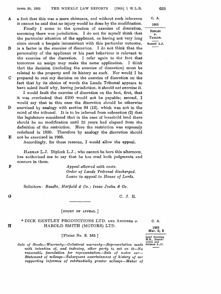 Dick Bentley Productions Ltd. and Another V Harold Smith (Motors) Ltd