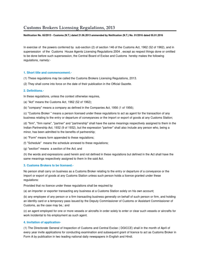 Customs Brokers Licensing Regulations Customs Government