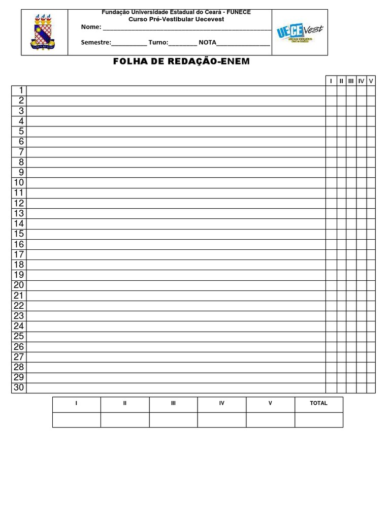 Folha de Redação Modelo Enem