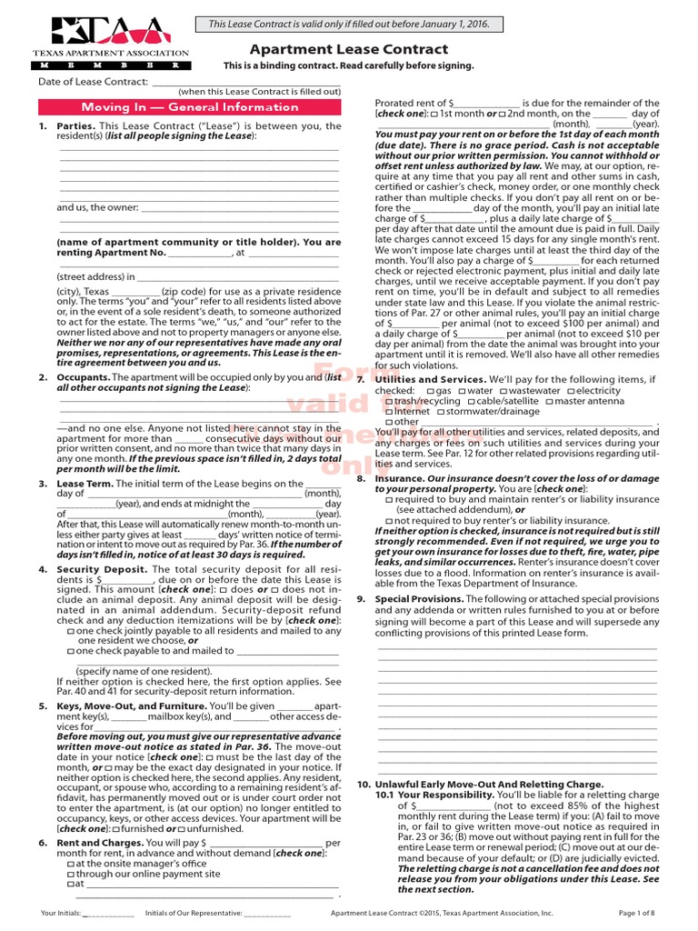 TAA Apartment Lease - FINAL 2015 PDF | PDF | Eviction | Lease
