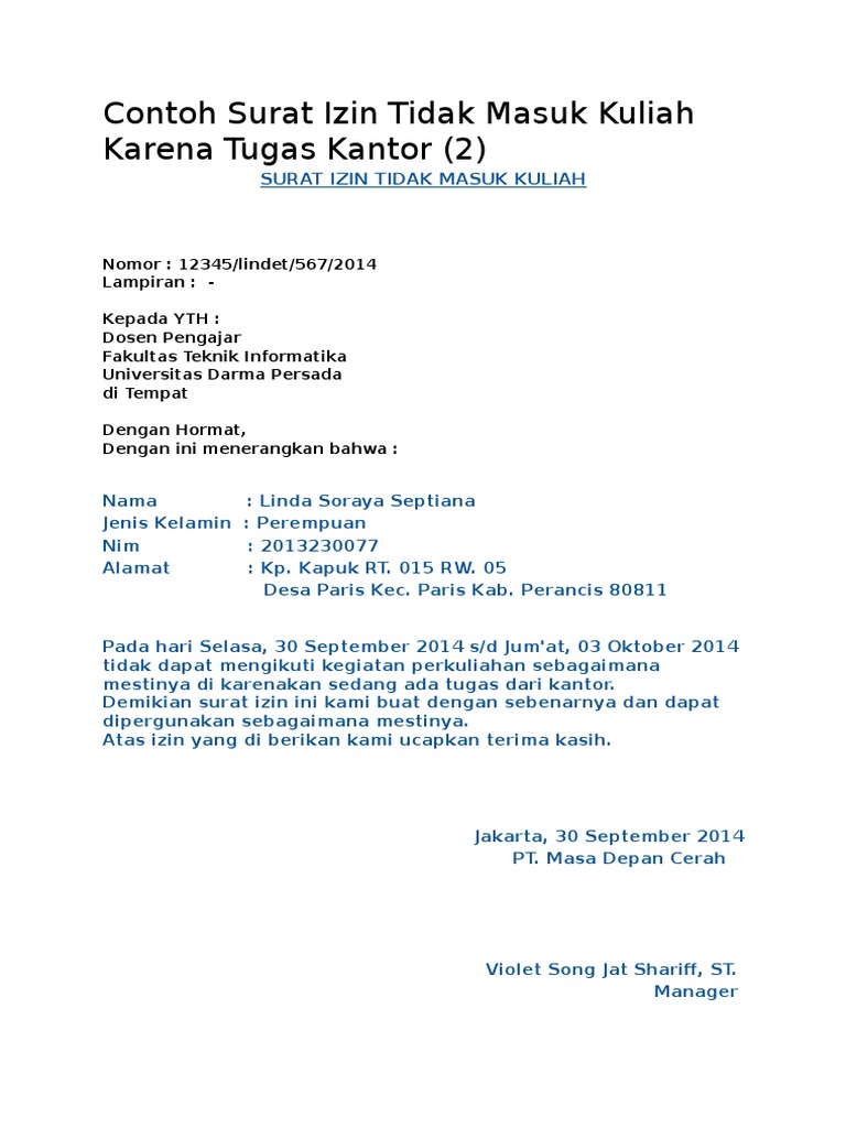 tidak izin masuk kuliah surat Izin Tidak Surat Kuliah Tugas Kantor Contoh Karena Masuk