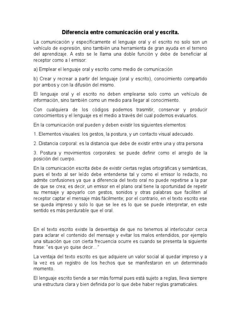 Diferencia Entre Comunicación Oral y Escrita