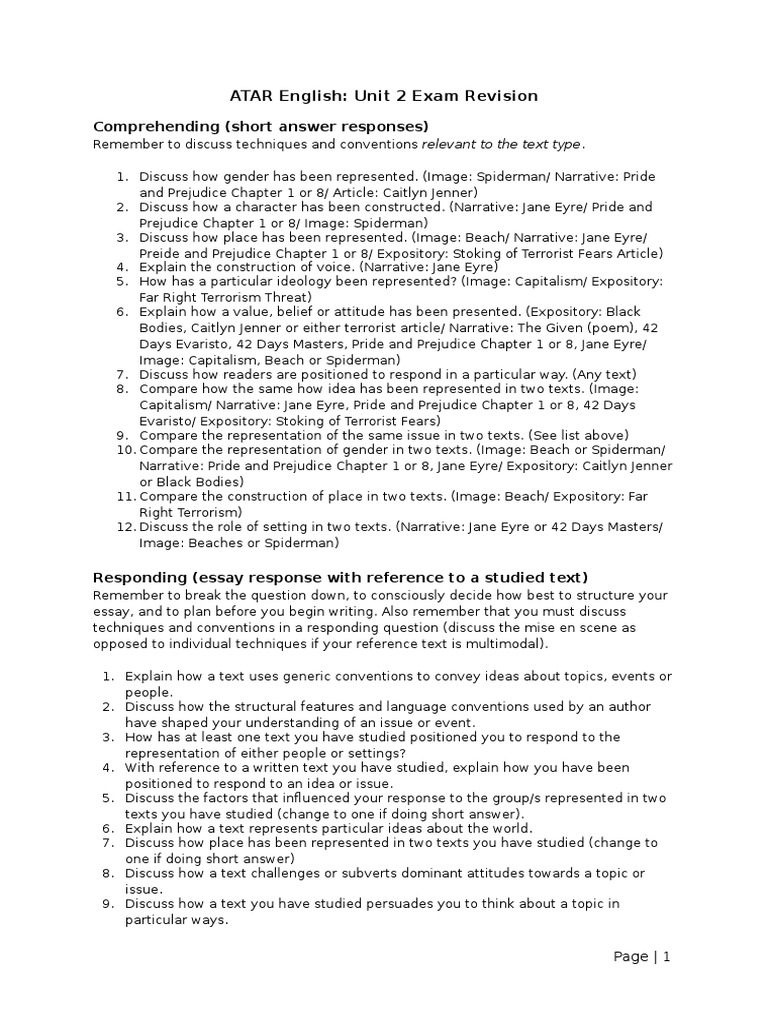 ATAR English Unit 2 Exam Revision Questions PDF Prejudices Narrative