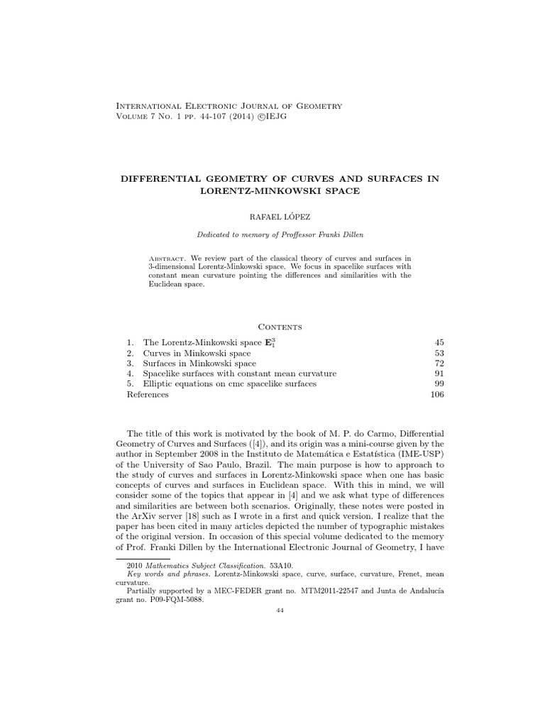 DIFFERENTIAL GEOMETRY OF CURVES AND SURFACES MinkowskiRafael Lopes PDF PDF Spacetime