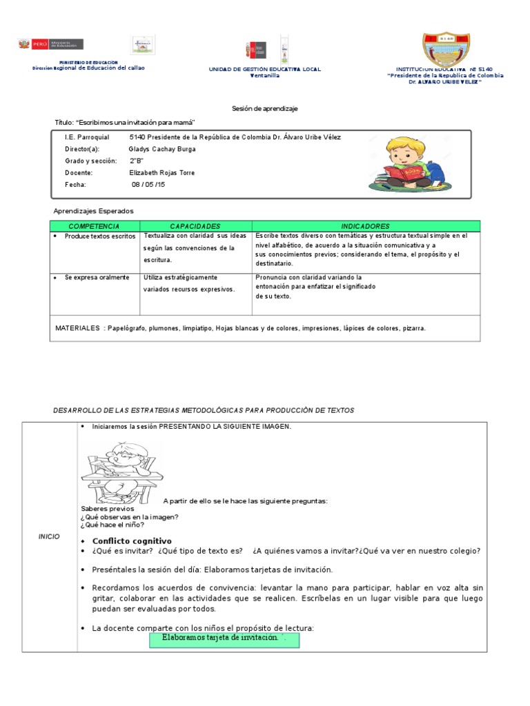 SESIÓN de APRENDIZAJtarjeta de Invitacion, PDF, Aprendizaje