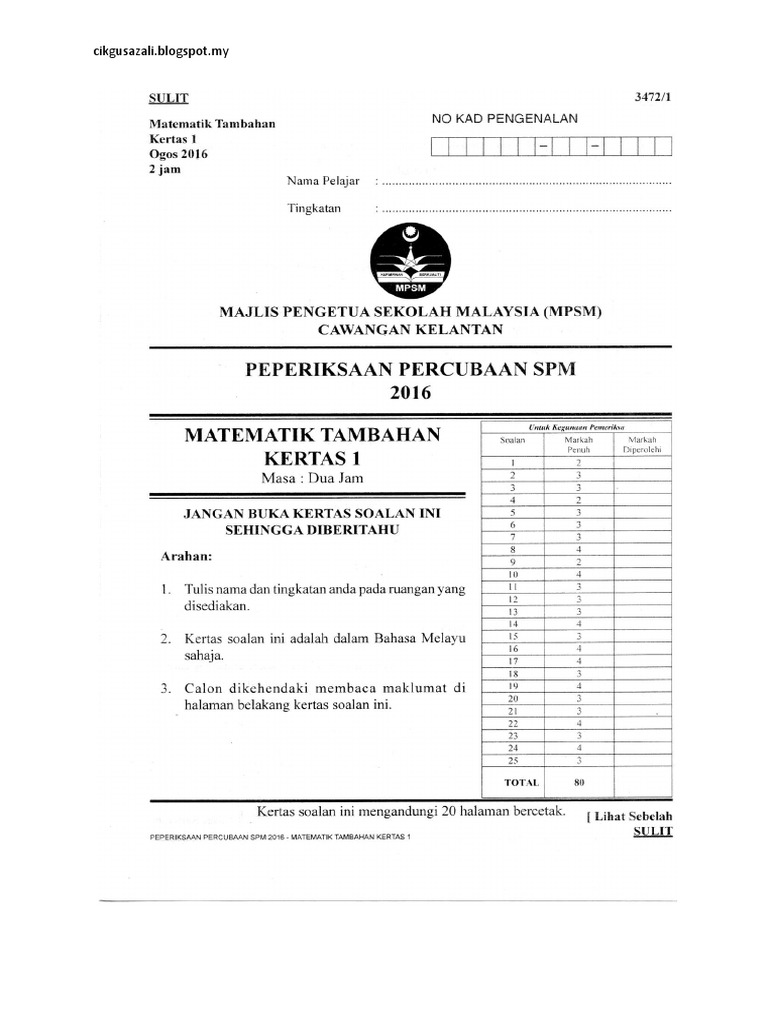 Soalan Percubaan Matematik Tambahan Kelantan 2016 Pdf