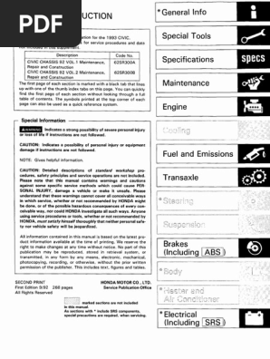 Honda Civic Eg 92 95 Service Manual 62sr320