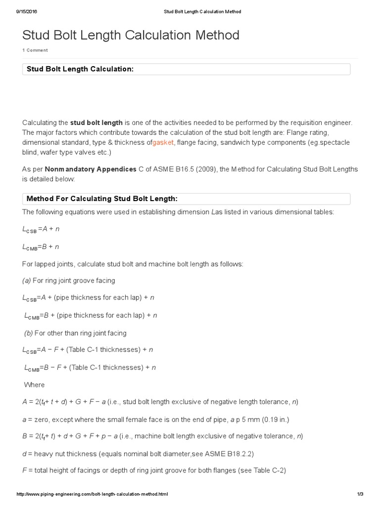 Stud Bolt Length Calculation Method Download Free PDF Screw Mechanical Engineering