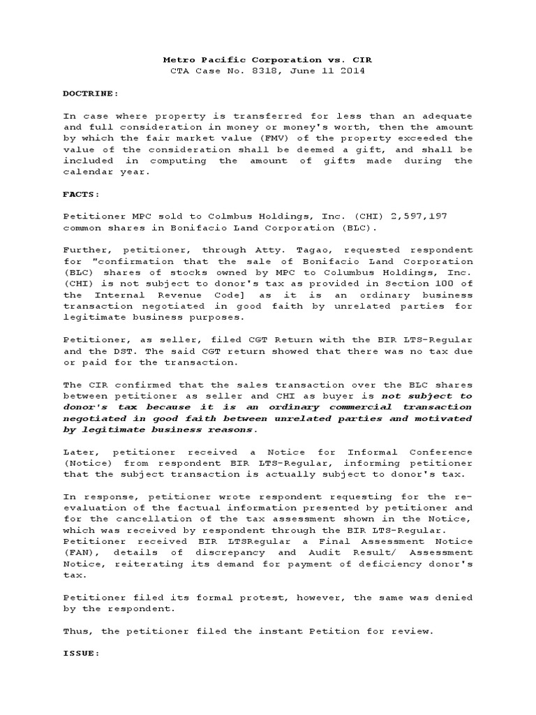 Case Digest (Metro Pacific Corp. vs. CIR PDF Fair Market Value Taxes