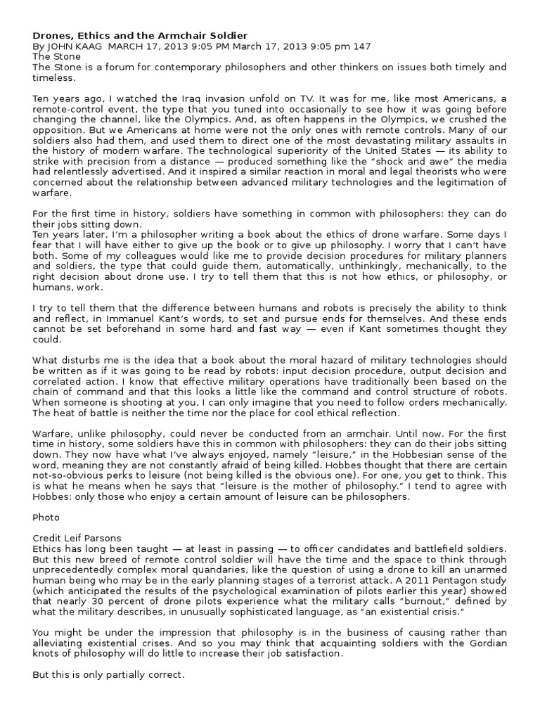 Drones, Ethics and Armchair Soldiers PDF Just War Theory