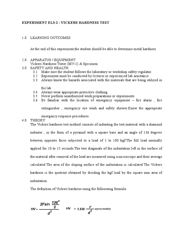 Experiment El32 Vickers Hardness Test PDF