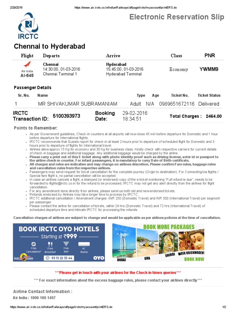 IRCTC Air Ticket Booking Details | PDF | Airlines | Baggage